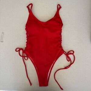Women’s One-Piece Swimsuit Red Solid Scoop Neck Lace-Up Sides Spaghetti Strap